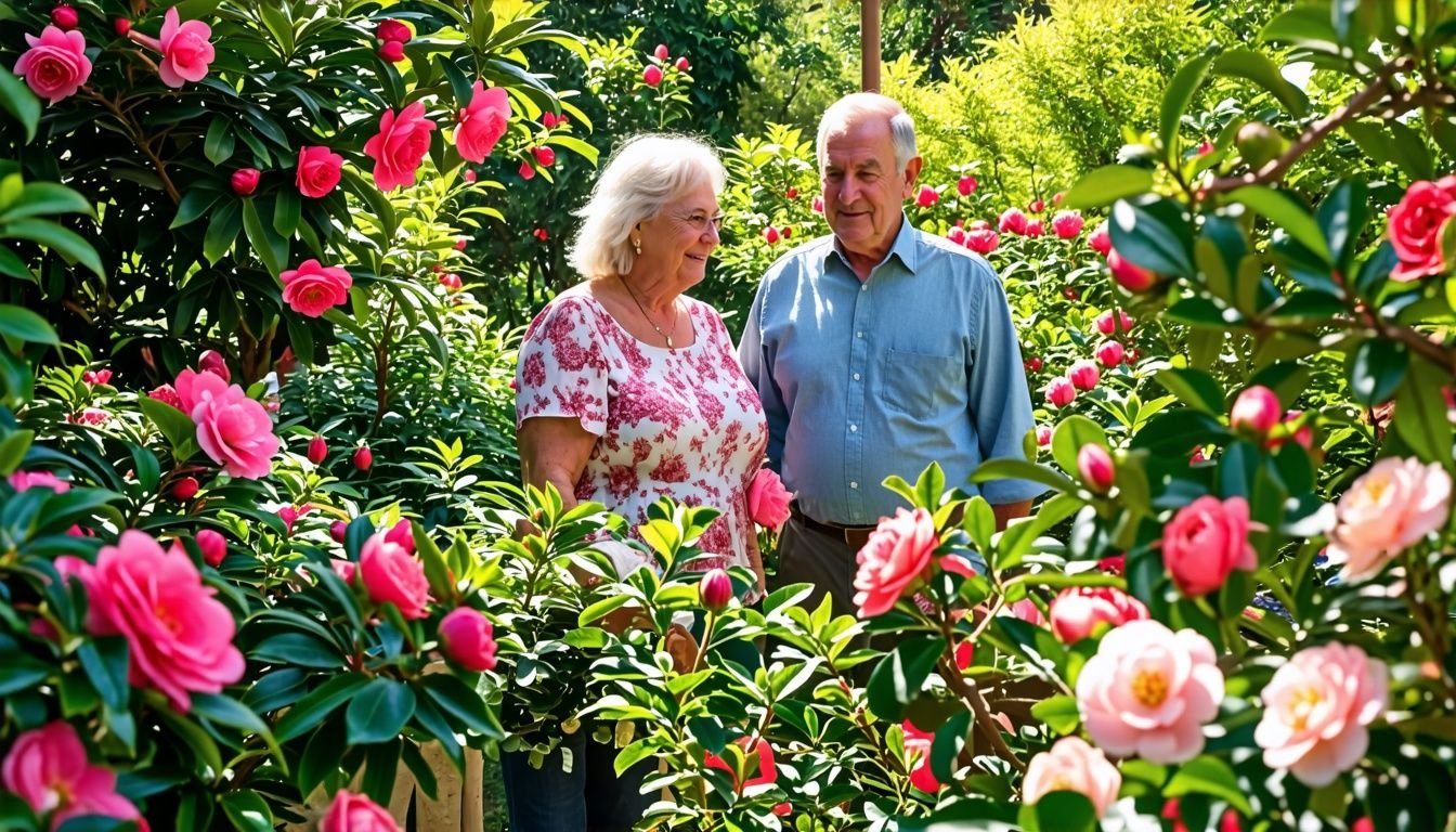 A couple in their 50s admiring a vibrant garden full of camellia hybrid plants.