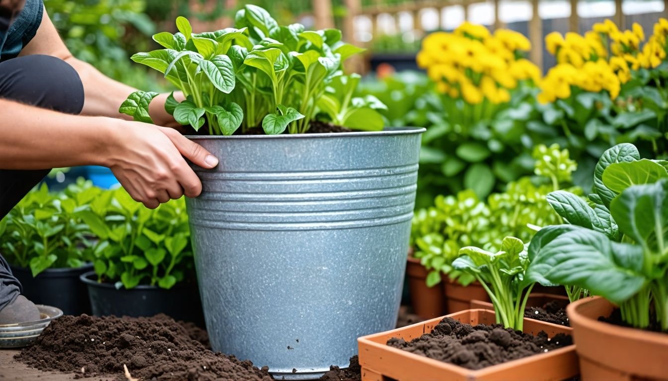 A person selecting a galvanised pot for their garden in 2019.