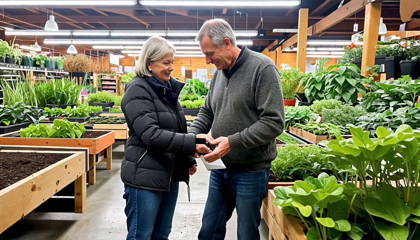 A couple in their late 40s comparing rectangle planter boxes at a garden center.