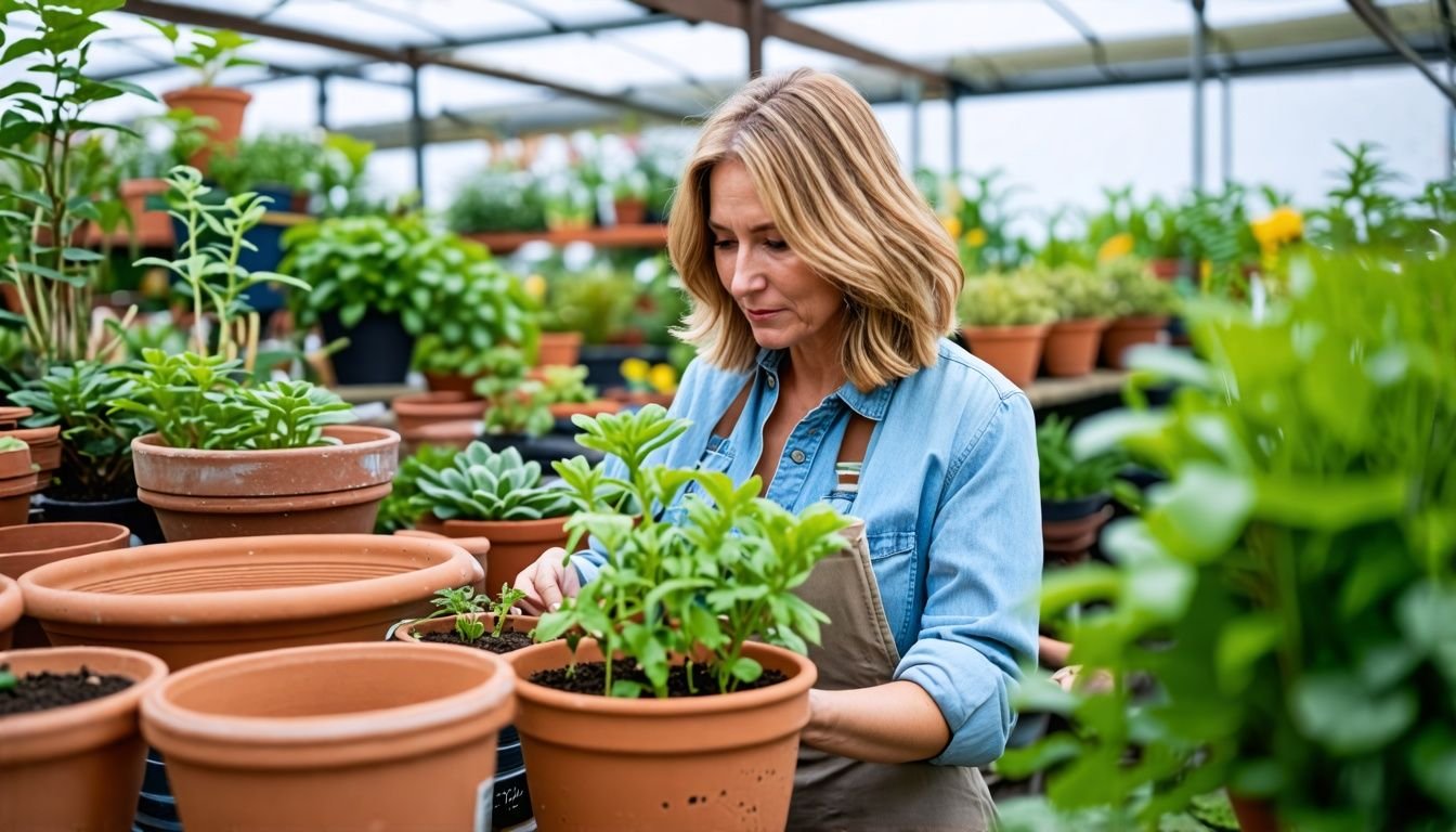 A woman in her 40s carefully choosing ceramic garden pots at a plant nursery.