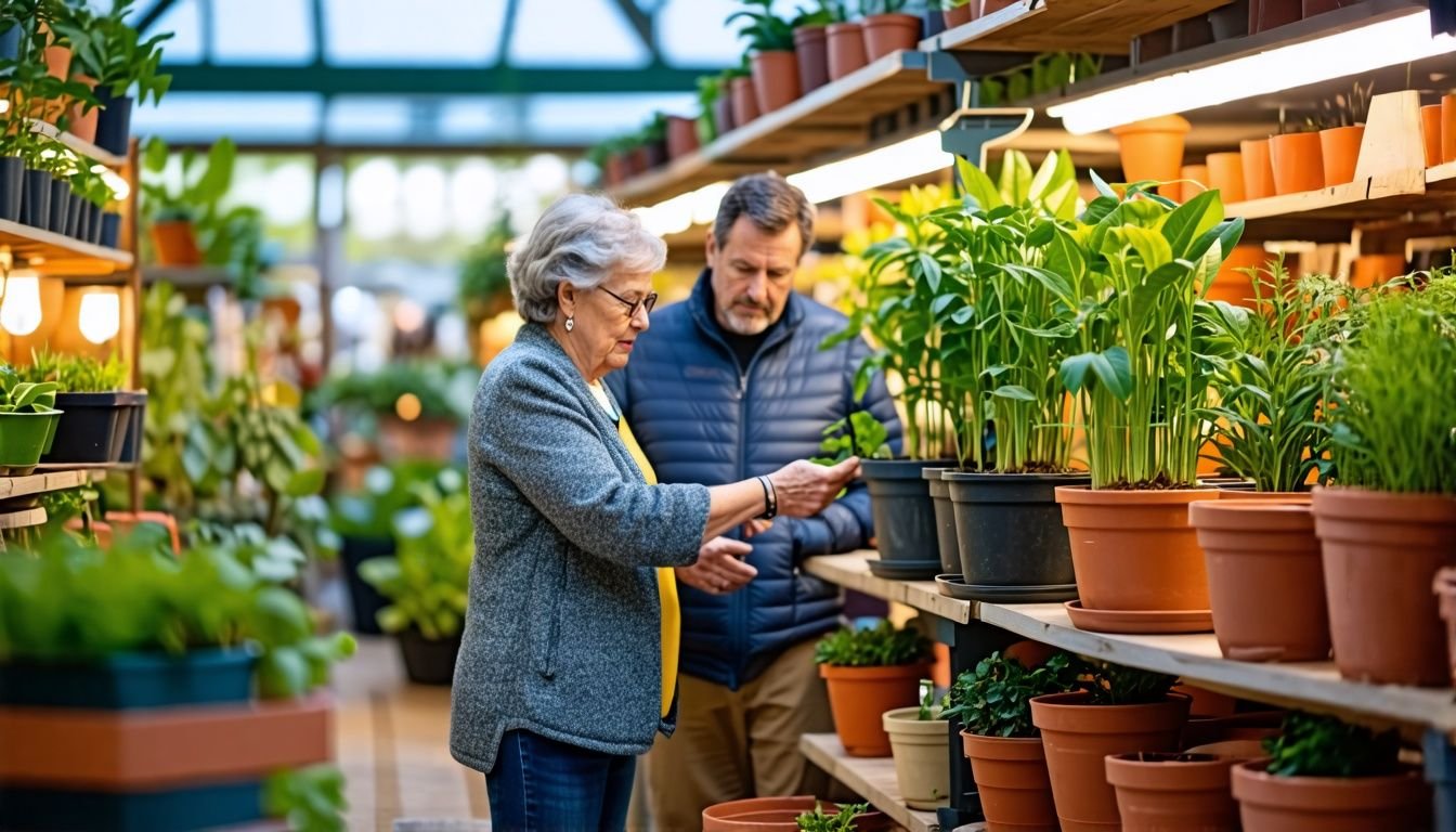 A couple carefully selects pots at a garden centre for their plants.