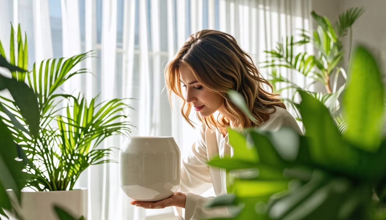 A woman admires a modern white ceramic pot in a sunny living room.