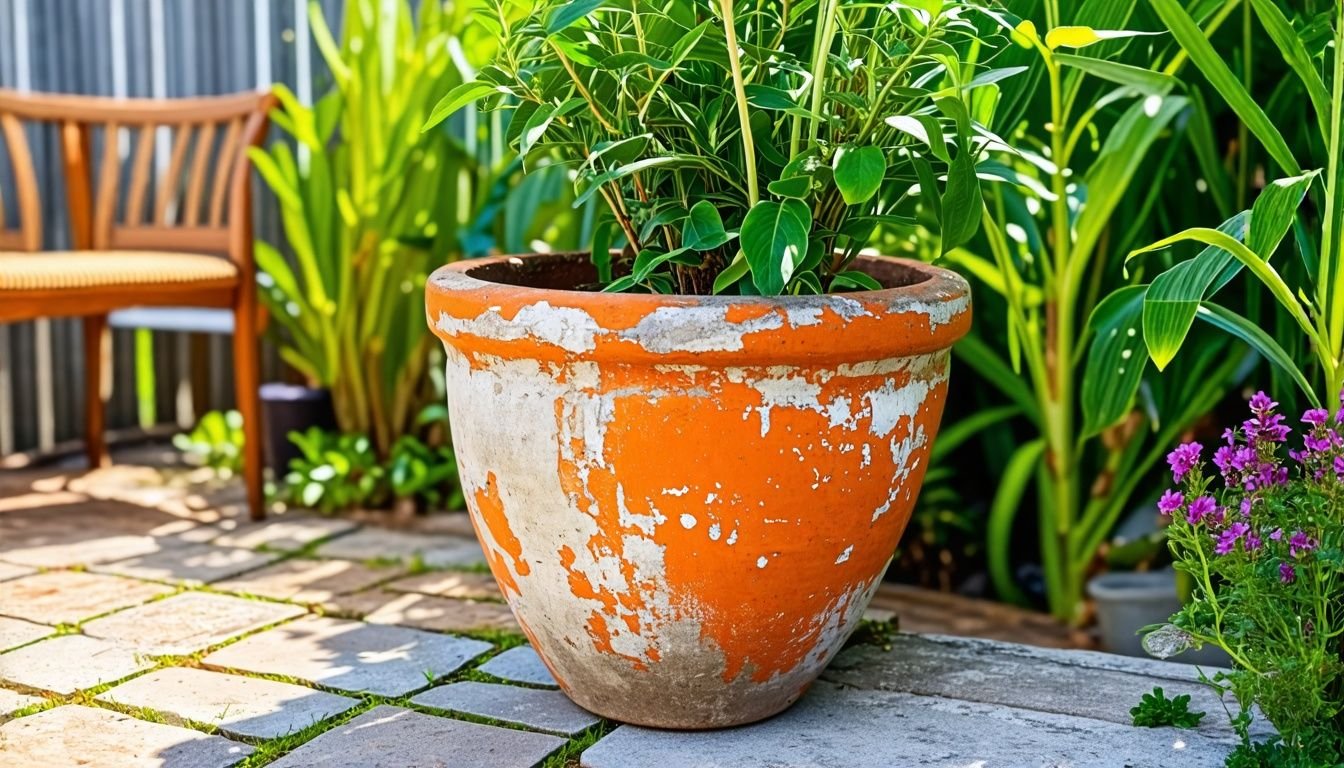 Close-up of weathered terracotta planter in sun-drenched garden.