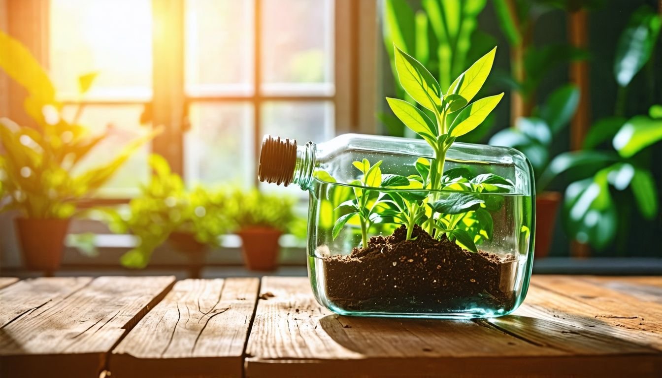 A plant growing in a glass bottle half used as a pot.