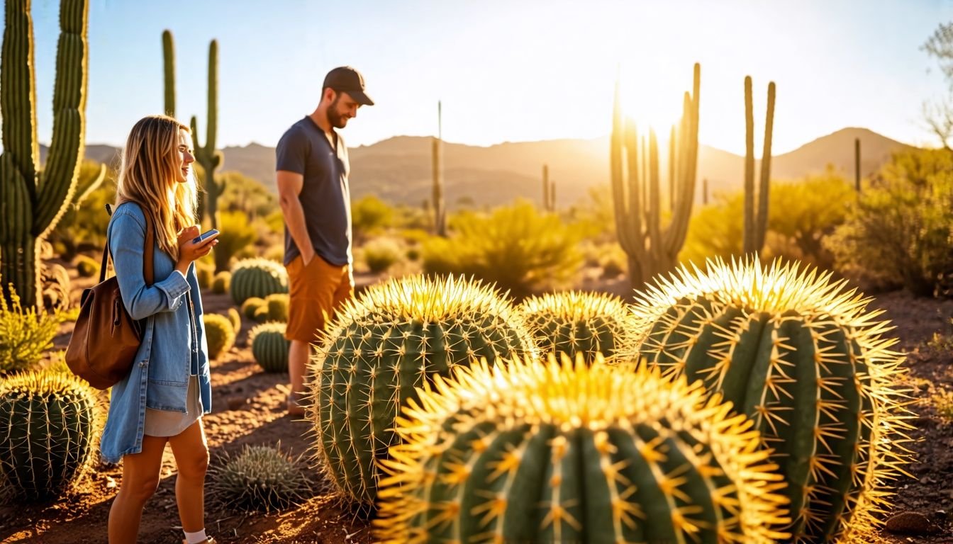 A couple admiring Golden Barrel Cacti in an Australian desert garden.