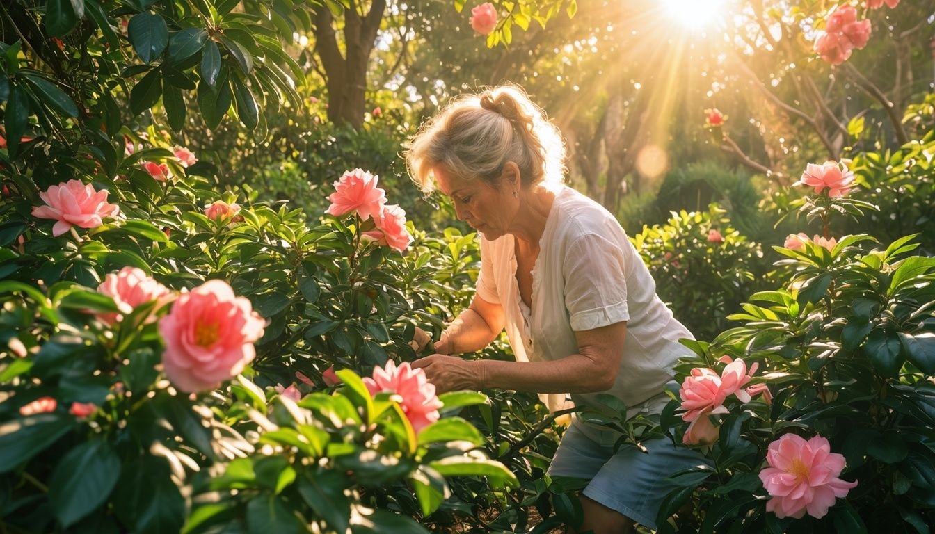 A woman tending to a beautiful Camellia plant in an Australian garden.