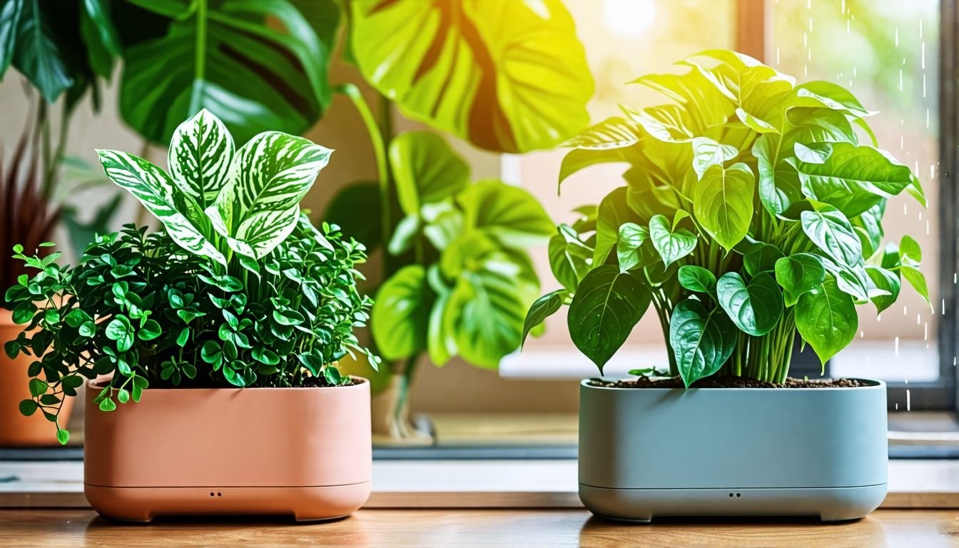 Healthy green houseplants thriving in self-watering pots in a cozy indoor setting.