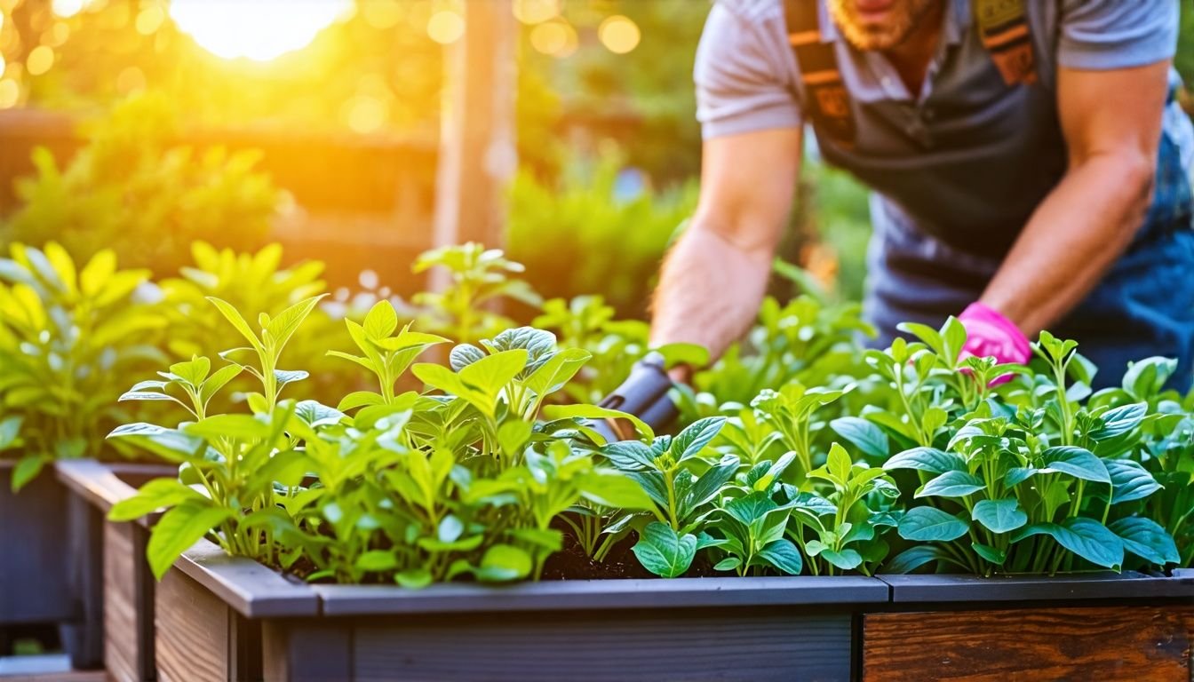 A person tending to a flourishing backyard garden in self-watering planter boxes.