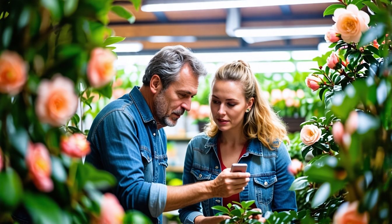 A middle-aged couple discussing Camellia Japonica plants at a garden center.