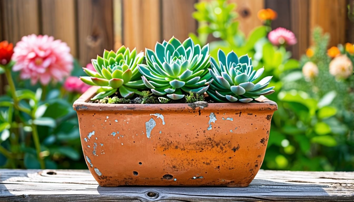 A rustic terracotta pot with green succulents on a garden bench.