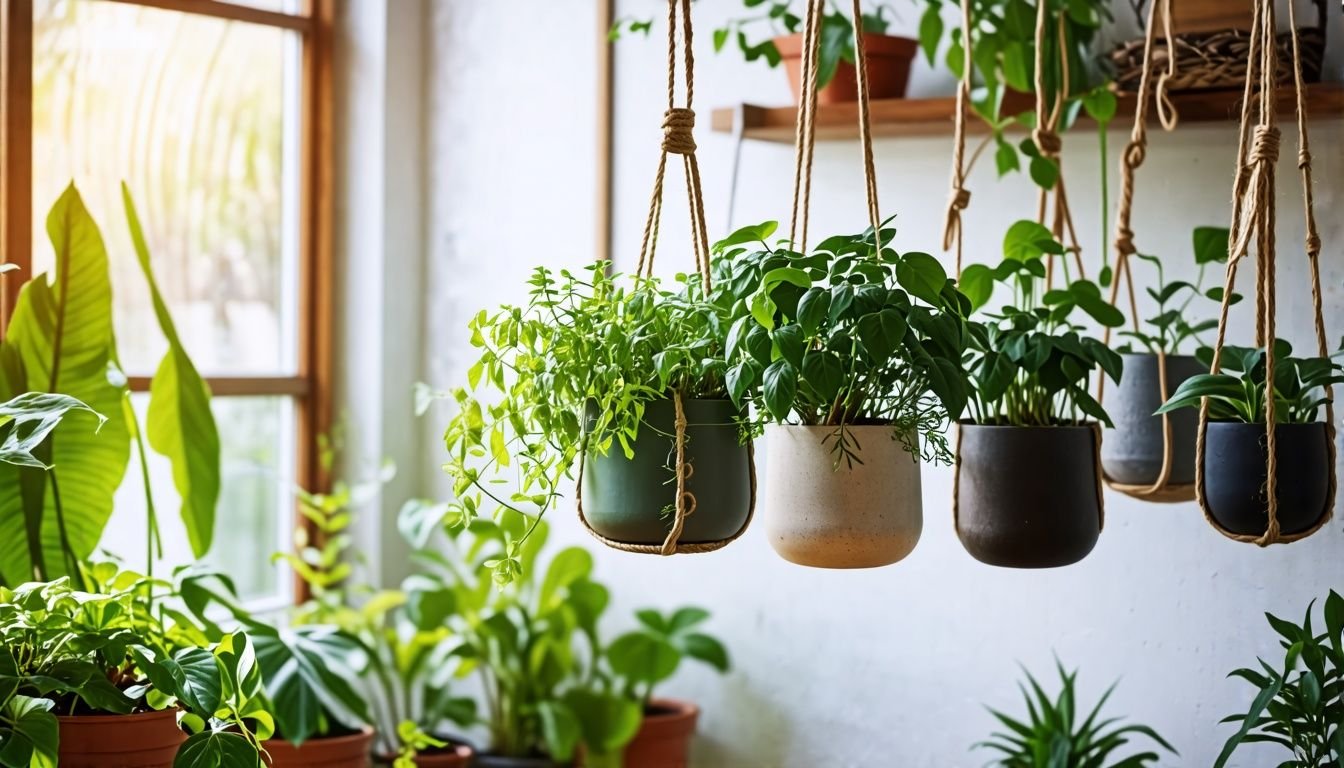 The image showcases a variety of durable and aesthetically pleasing indoor hanging pots.