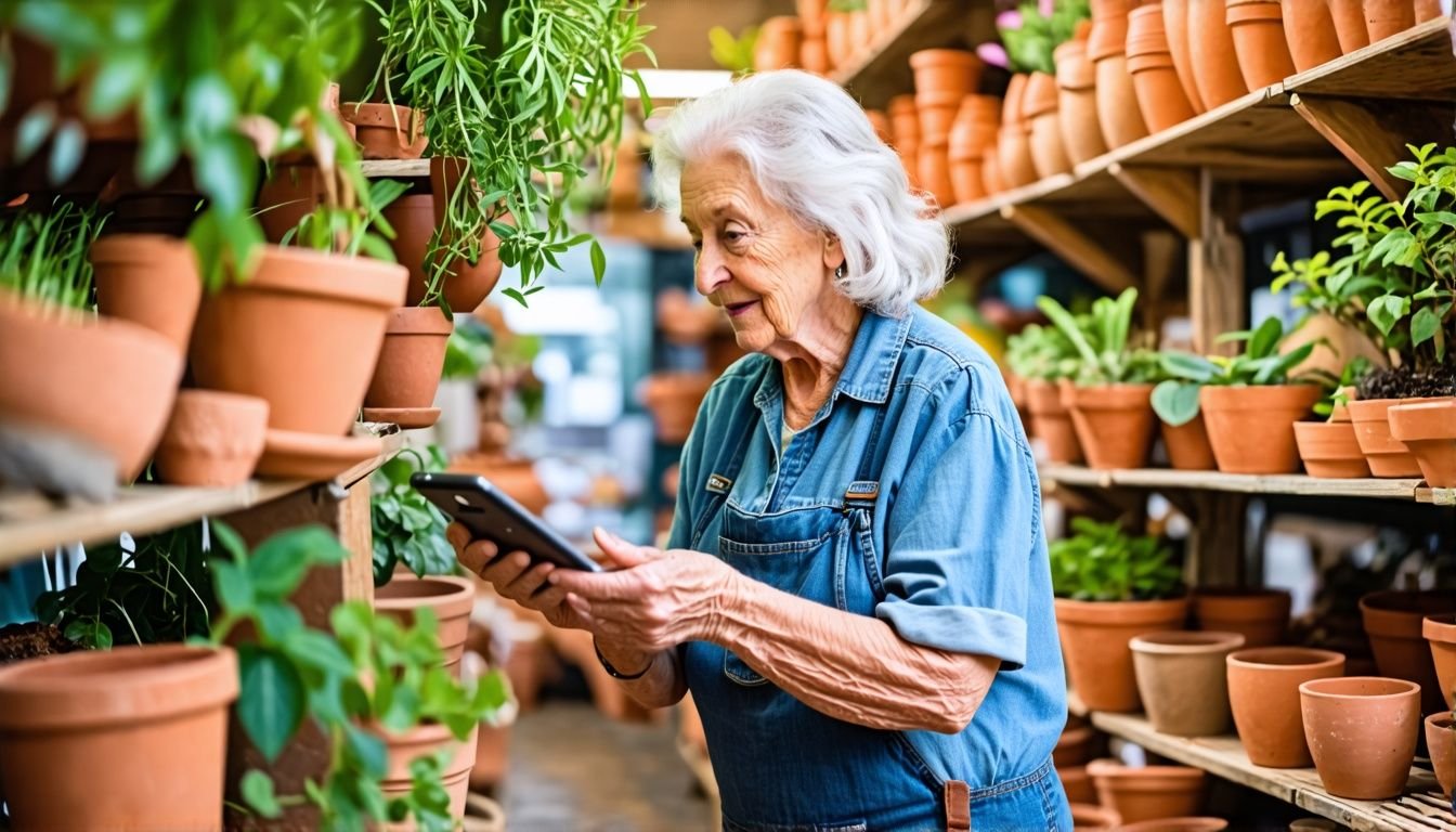 Elderly woman shopping for terracotta pots at rustic garden center.