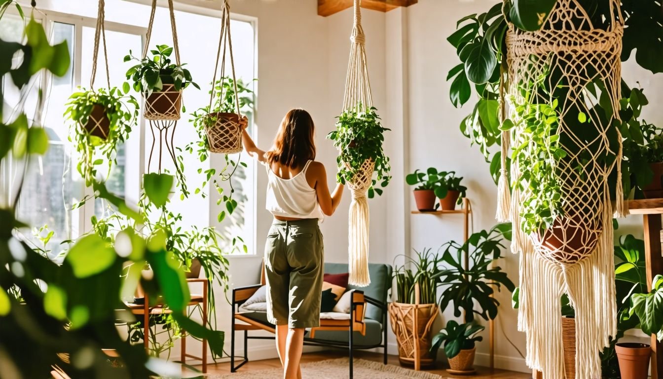 A woman in her thirties hangs macrame rope planters in a bohemian-style living room.