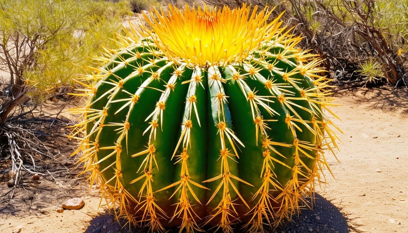 A vibrant Golden Barrel Cactus thriving in arid Australian soil.