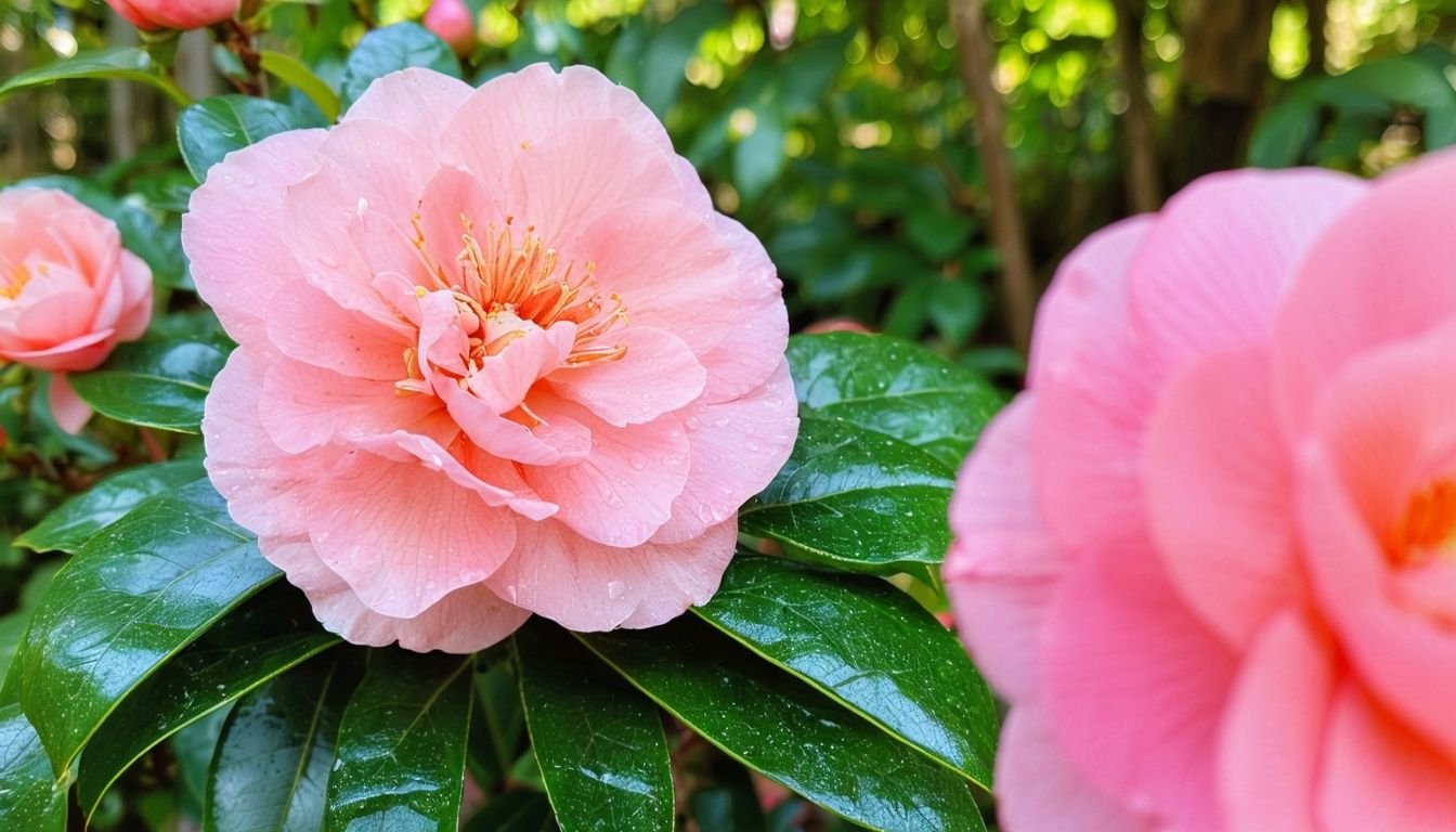 A flourishing Paradise Blush Camellia in a garden setting.