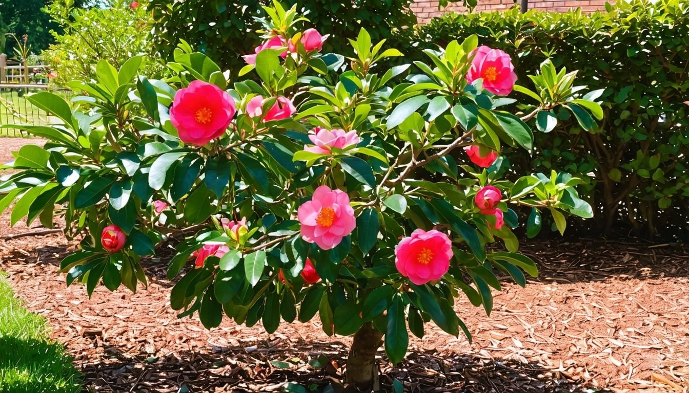 A healthy Camellia Beatrice Emily plant in dappled sunlight.