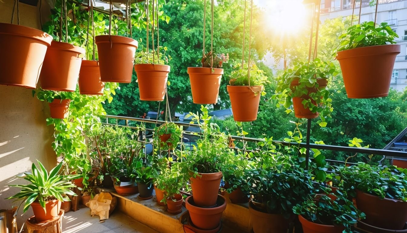 A small balcony adorned with hanging pots filled with vibrant plants.