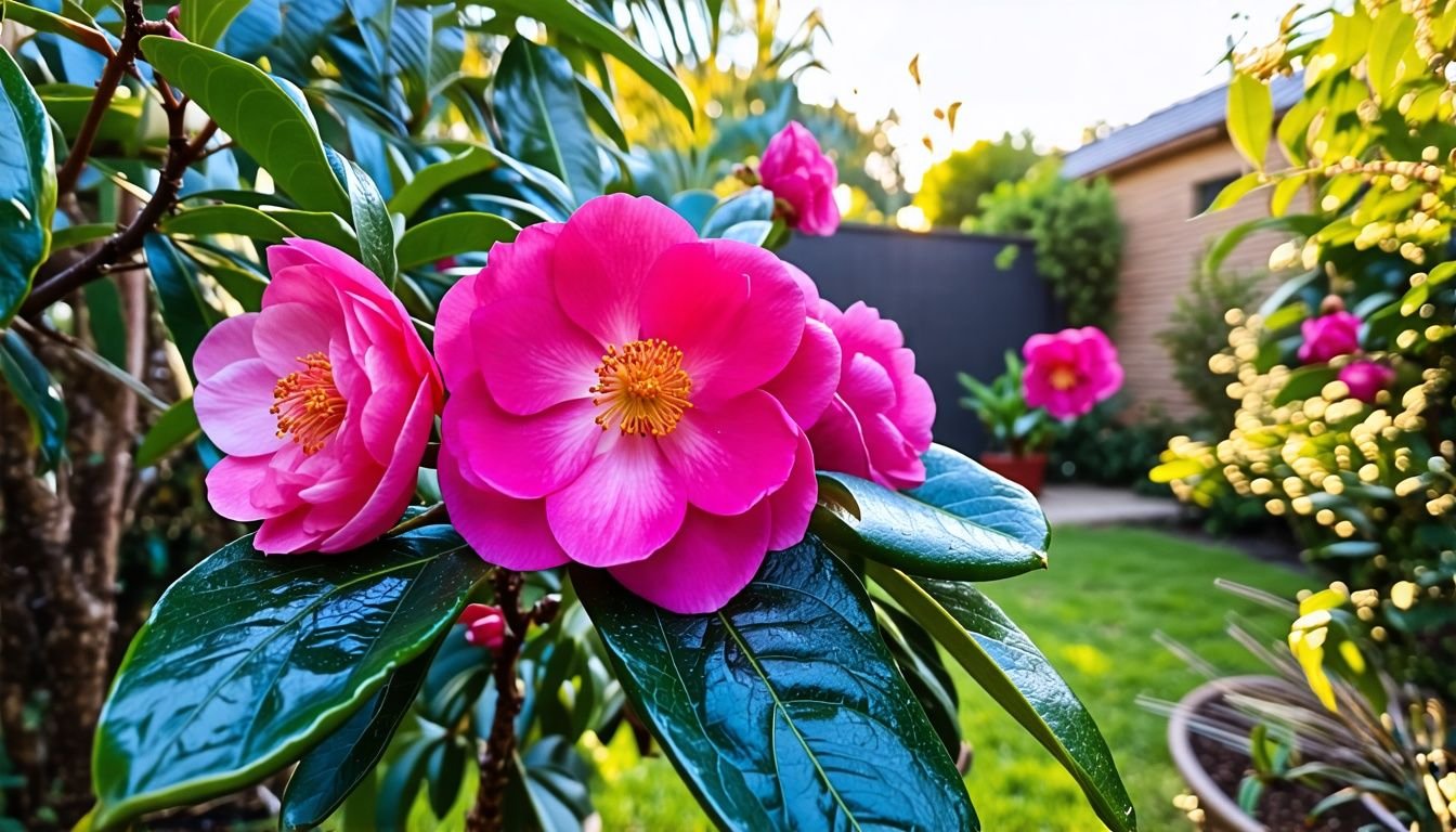 'Snapshot of thriving Camellia Sasanqua varieties in an Australian garden.'