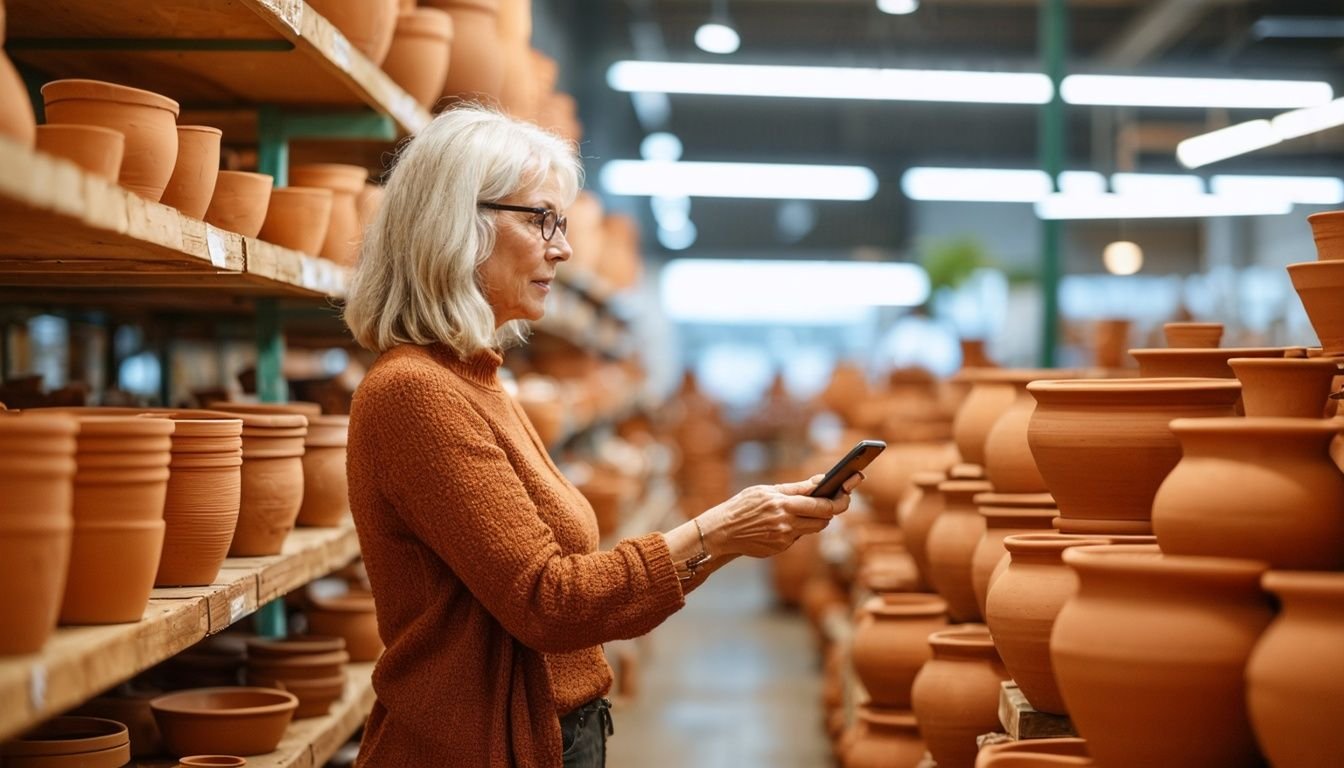 A woman shopping for terracotta pots at Pots Wholesale Direct.