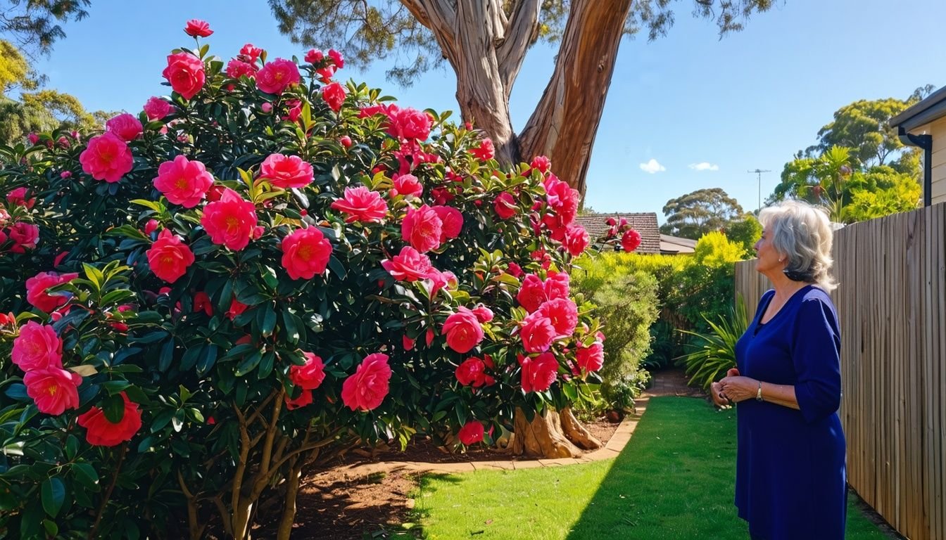 A woman in her 50s admires a blooming Camellia bush in a suburban Australian garden.