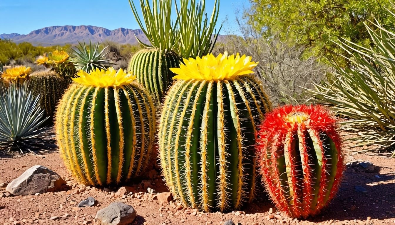 Three types of barrel cactus displayed in dry Australian desert garden.