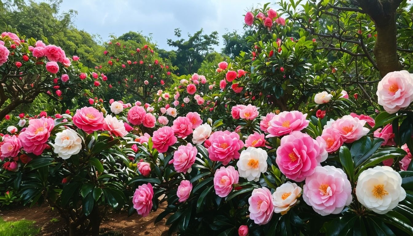 A variety of camellia flowers displayed in a garden setting.