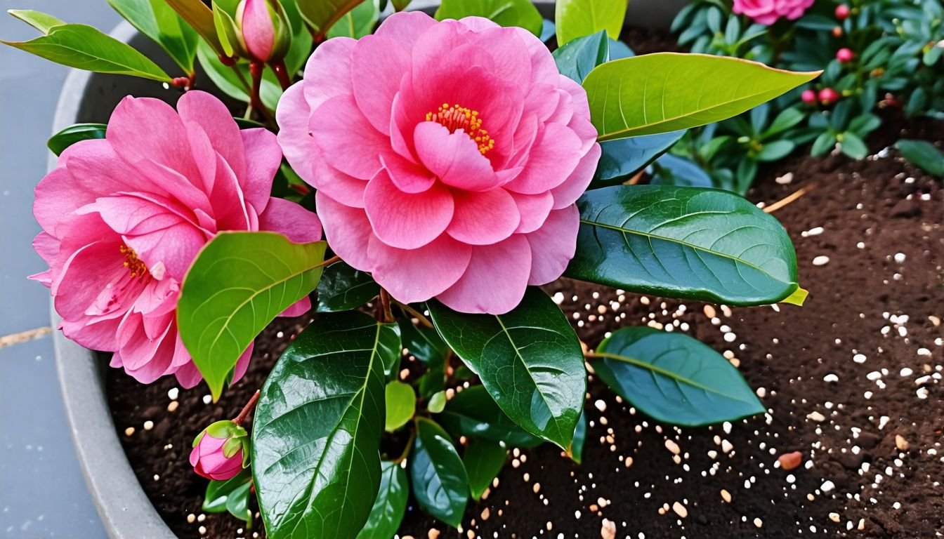 A camellia plant in a garden bed ready for planting.