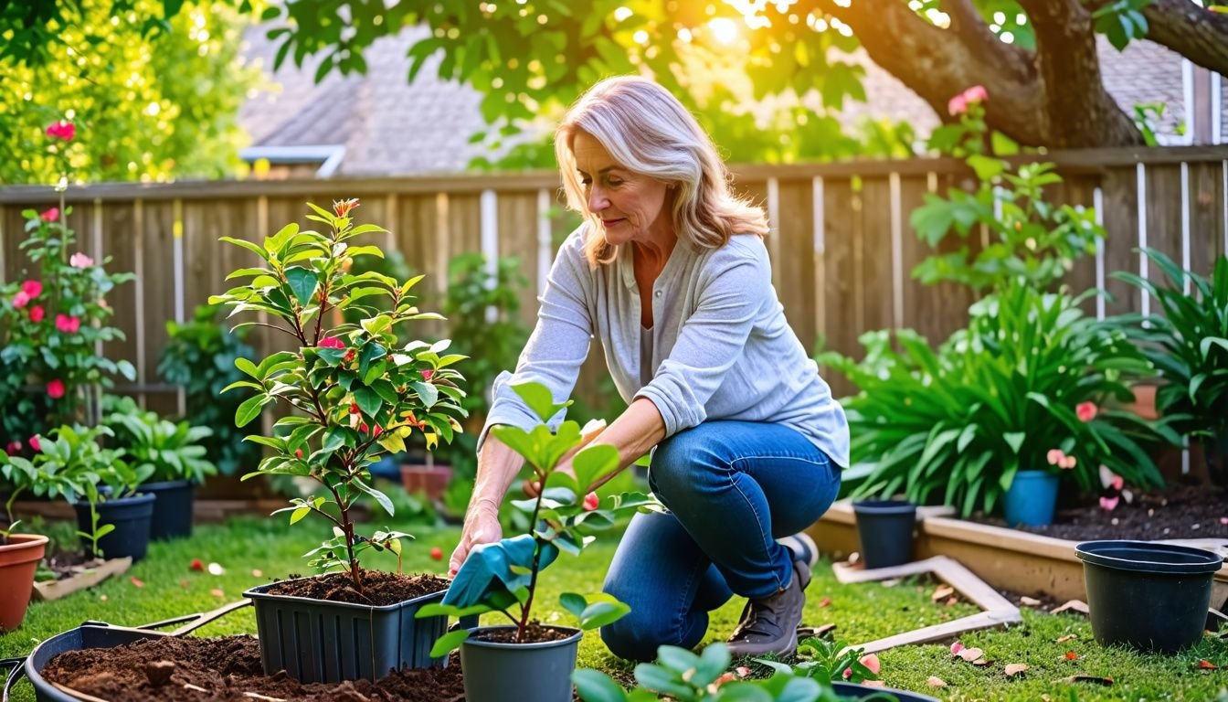 A woman in her 40s carefully selecting a spot to plant a Camellia Lucinda in her backyard garden.