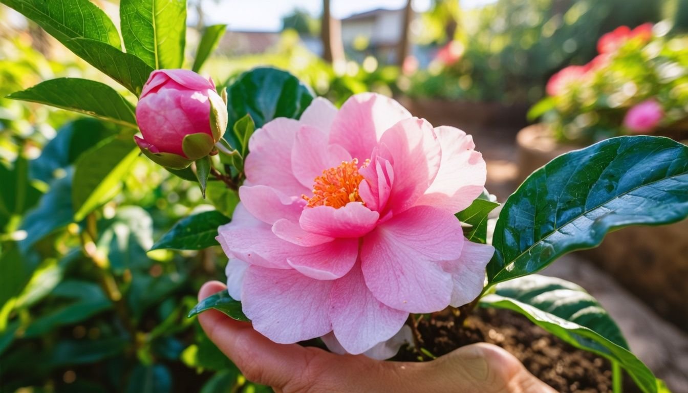 A person examines pink camellia plant in garden.