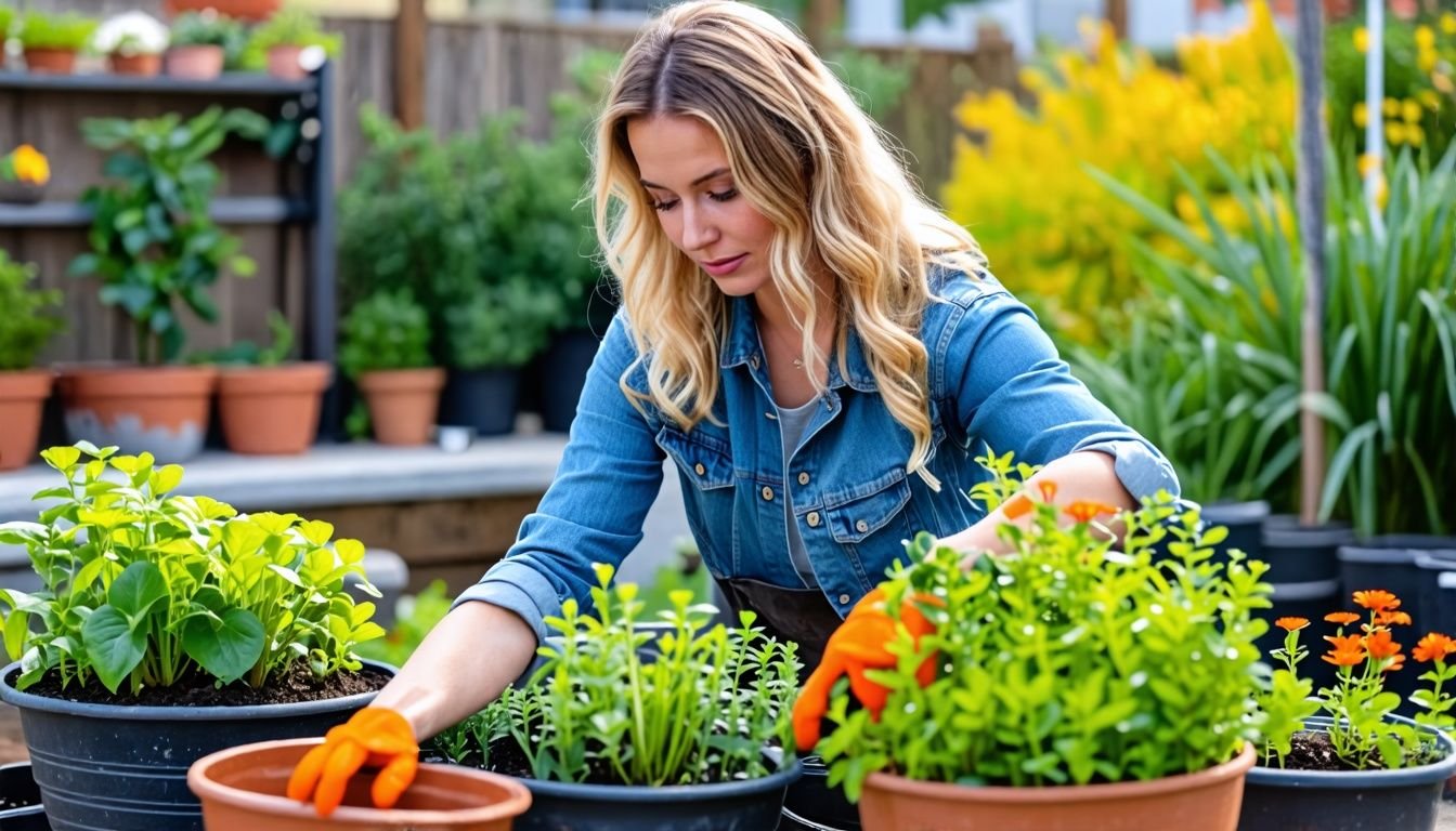 A woman in her 30s carefully selects outdoor planters for durability.