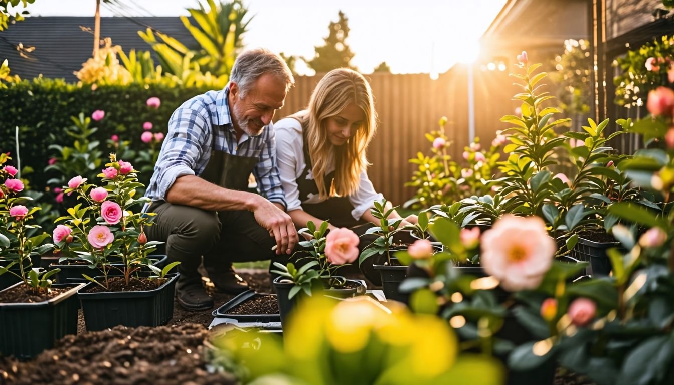 A couple in their 40s examining planting sites for camellias in backyard.