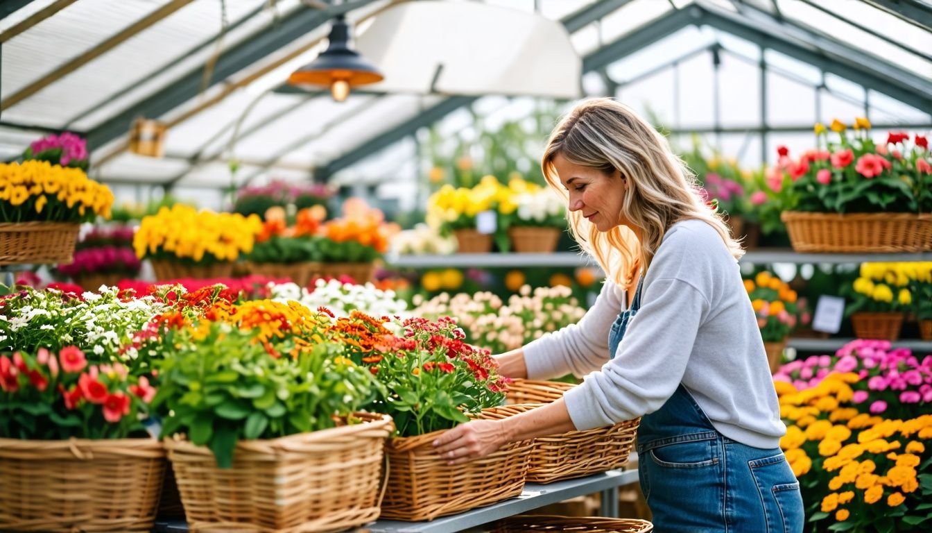 A woman in her 40s shopping for wooden flower baskets in a garden center.