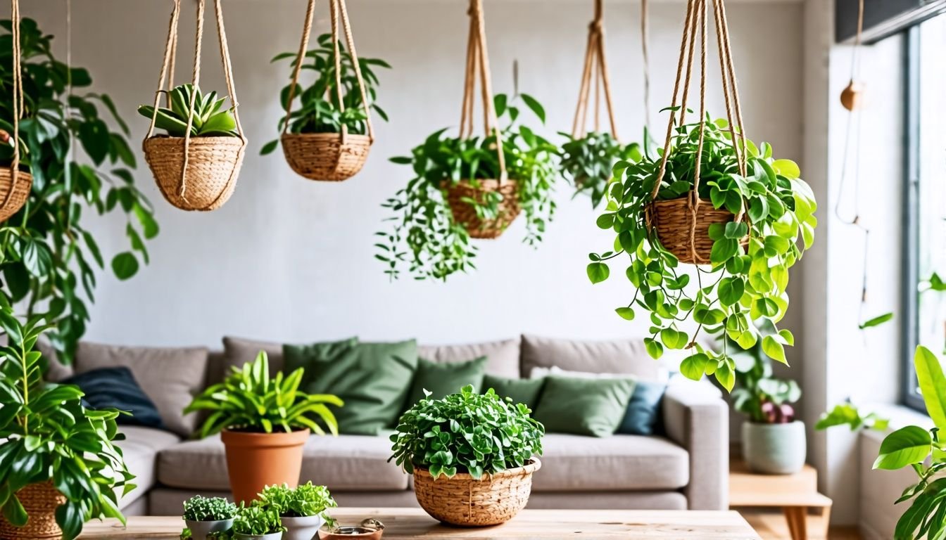 A variety of top 10 indoor hanging planters displayed in a living room.