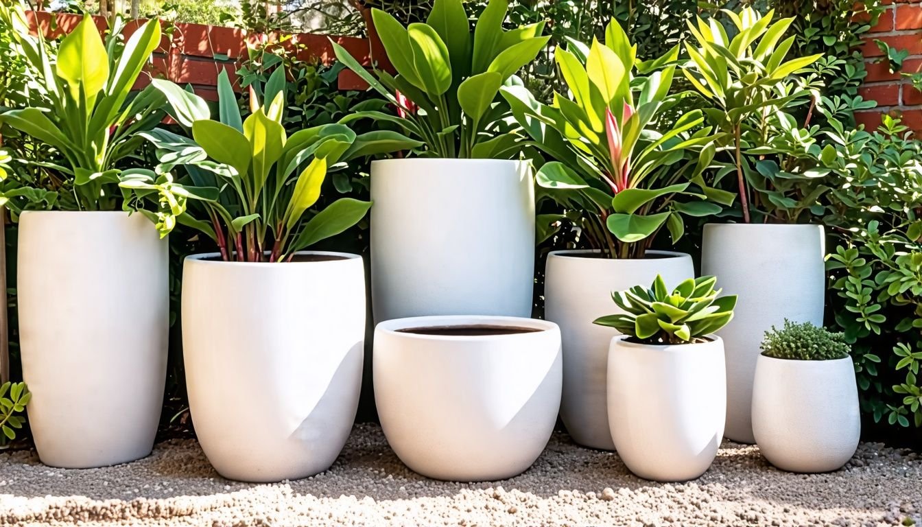 A variety of large white ceramic pots on display in a rustic garden setting.