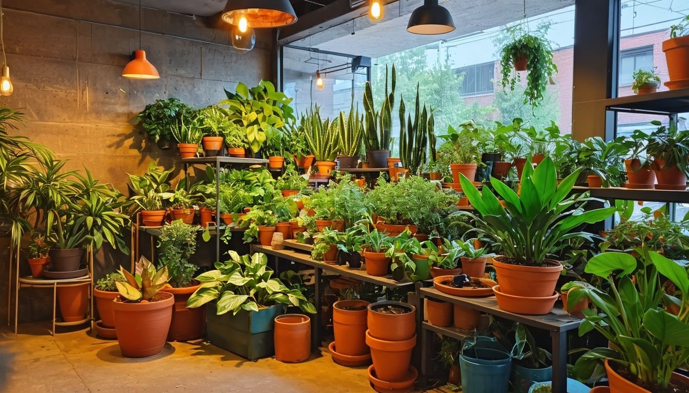 A collection of plant pots displayed in a vibrant plant store.