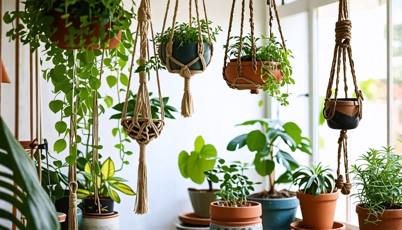 Different hanging pots in a well-lit room with plants.