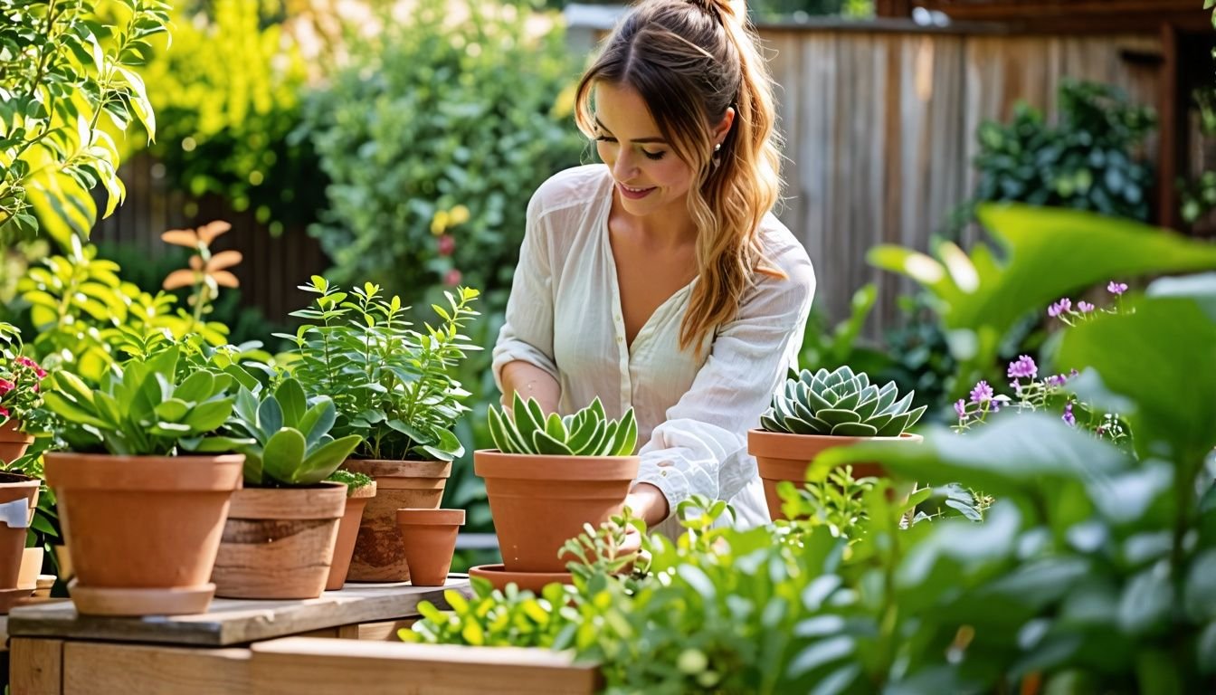 A woman arranges timber plant pots in her backyard garden.