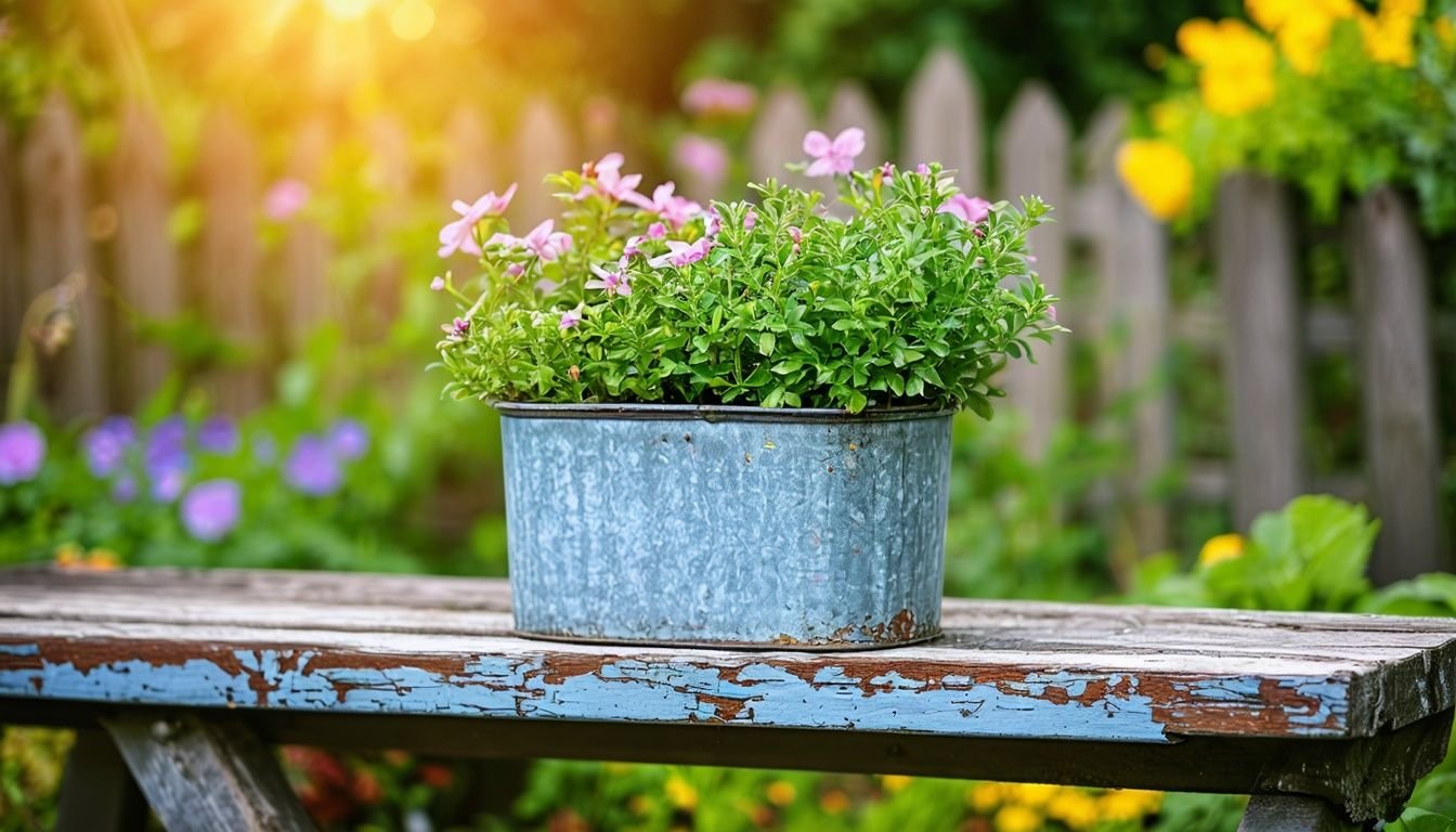 An old tin planter sits on a wooden bench in a backyard garden.