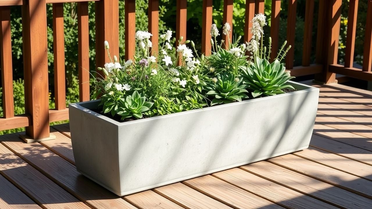 A concrete trough planter adds style and durability to outdoor spaces.