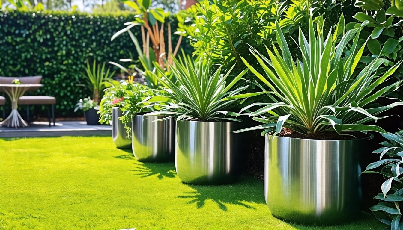 A backyard garden with stainless steel plant pots and lush greenery.