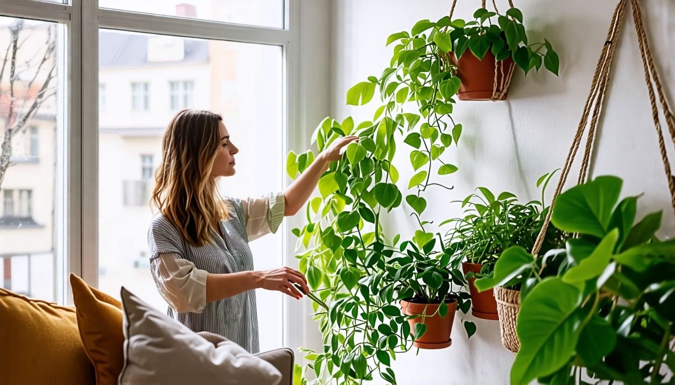 A woman in her 30s setting up a wall hanging planter in her living room.