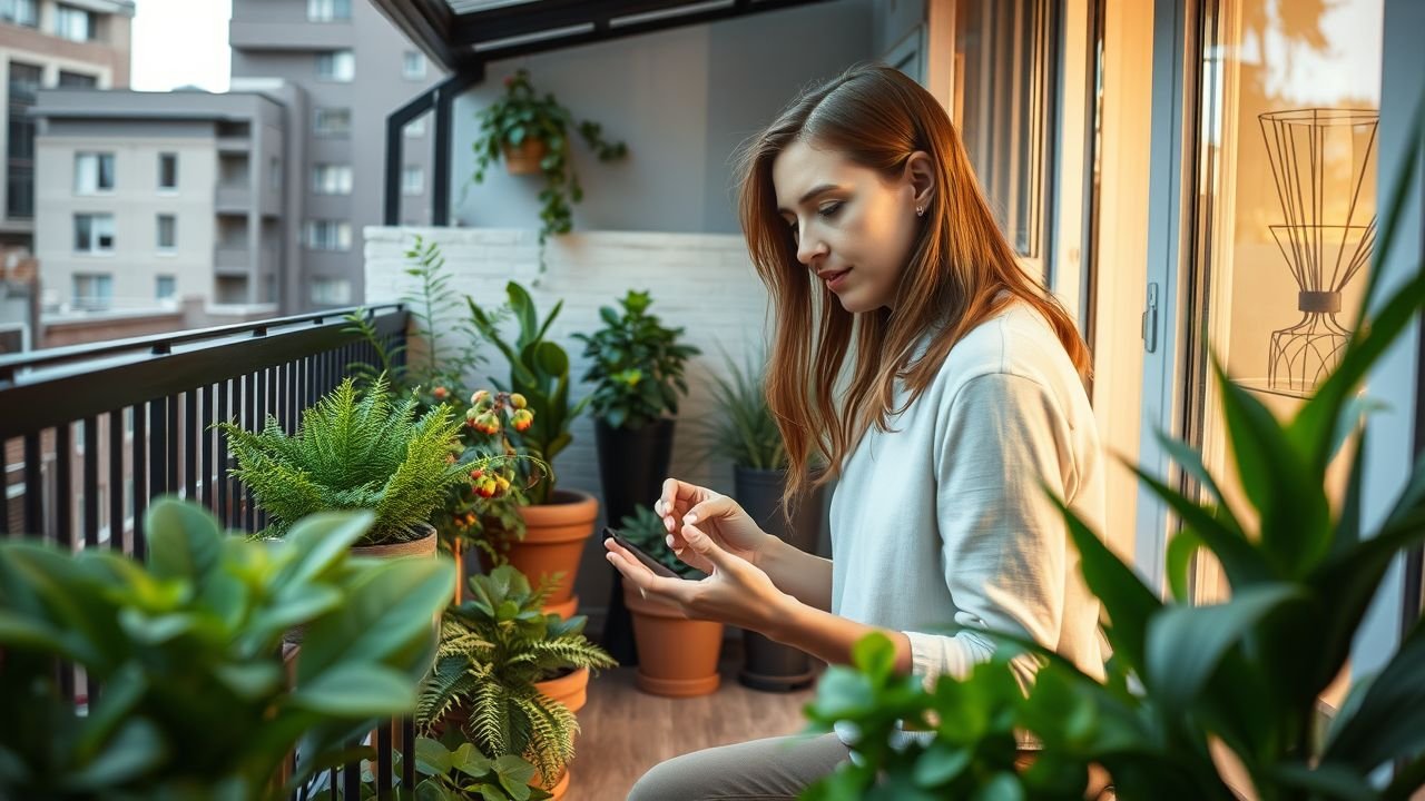 A woman in her 30s looking at artificial greenery for her balcony.