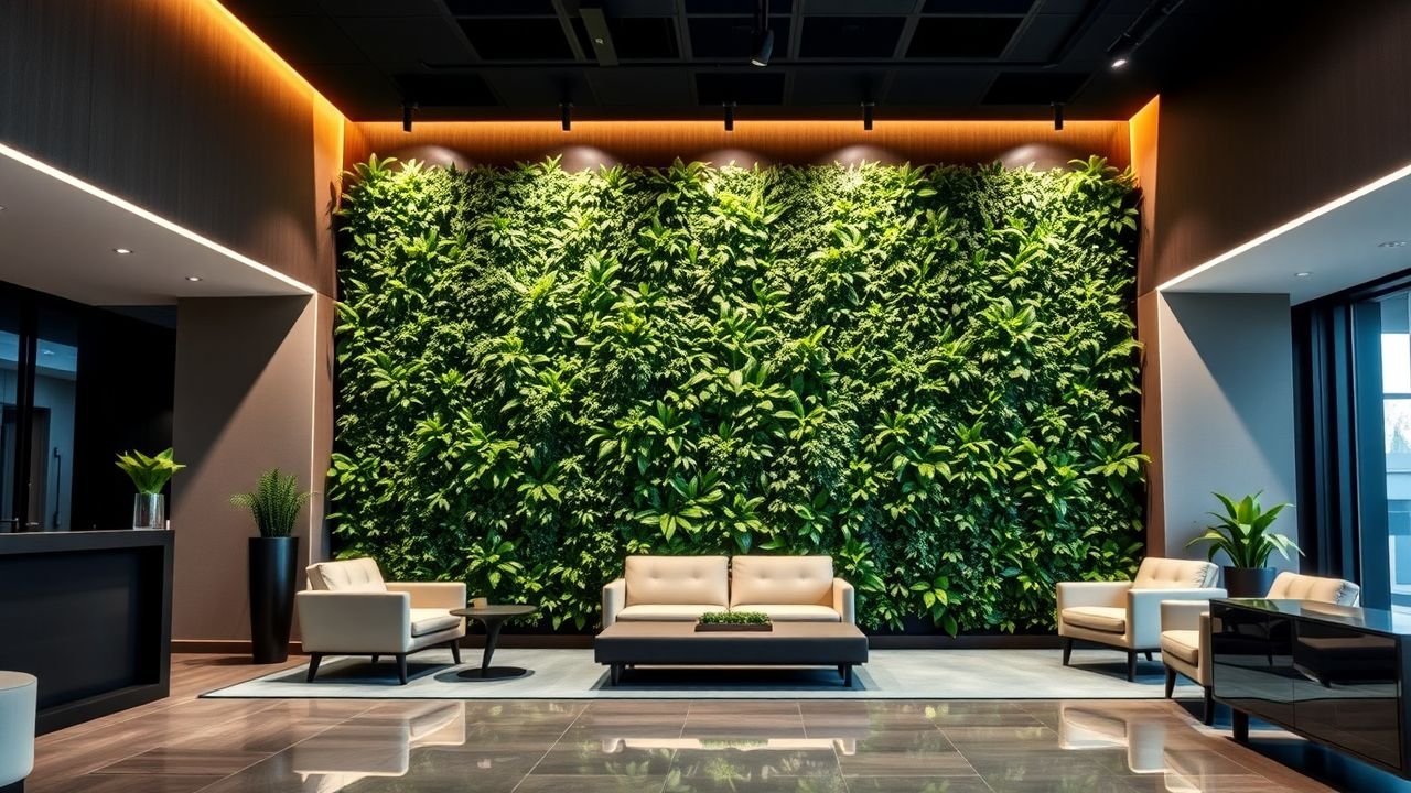 A modern office reception with a large artificial green wall.