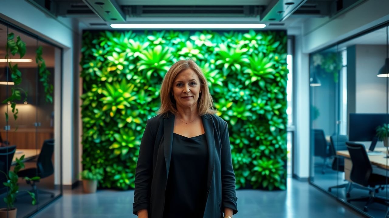 A woman in modern office with artificial green wall promoting low-maintenance plants.