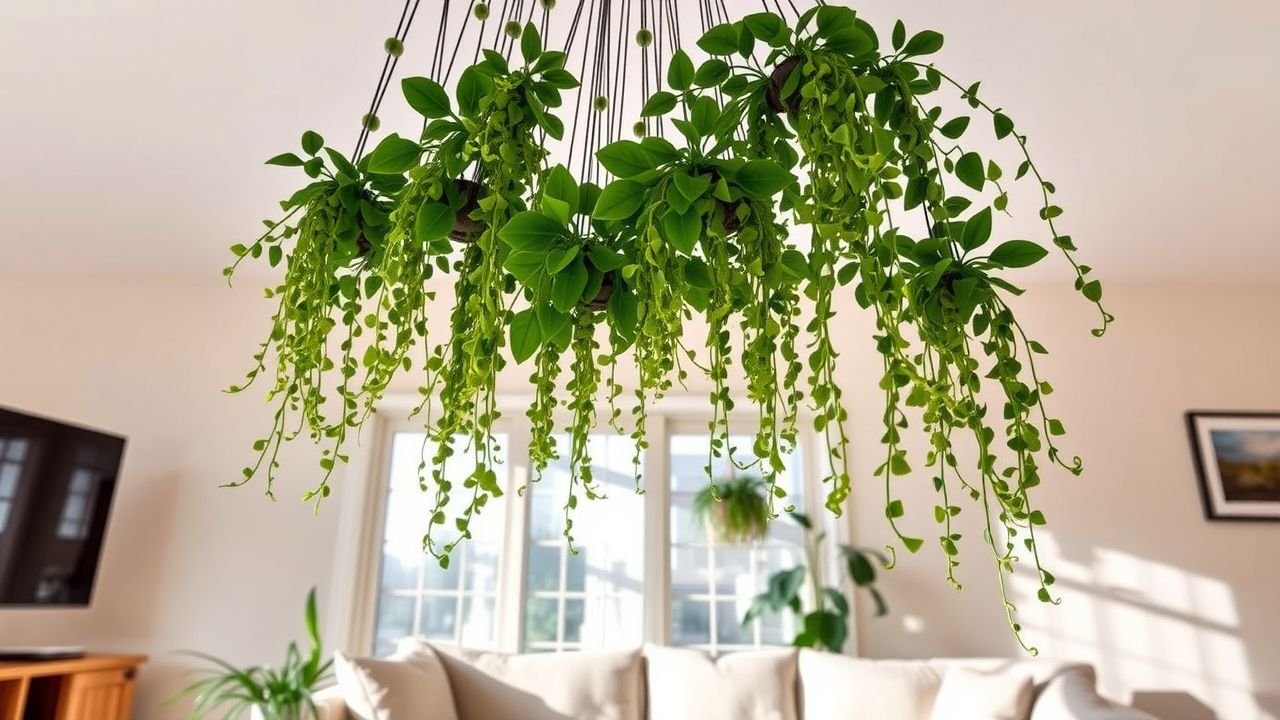 A comfy living room with artificial hanging plants, adding greenery to the home.