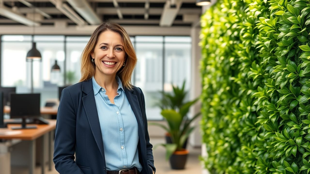 A woman smiles in a modern office with artificial plant wall panels.