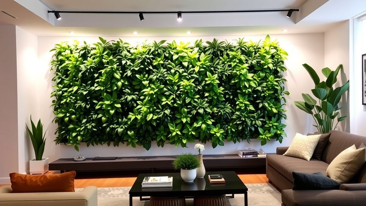 'Artificial vertical garden wall in a modern living room.'