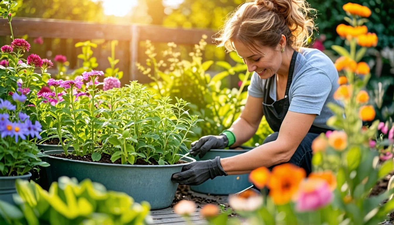 A woman in her 40s tending to her vibrant garden in metal pots.