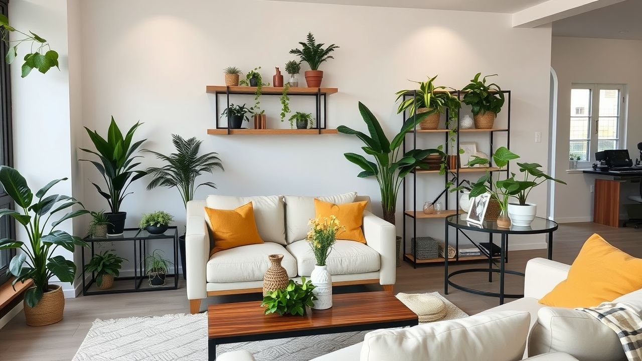 Artificial plants add greenery to well-decorated indoor living room.