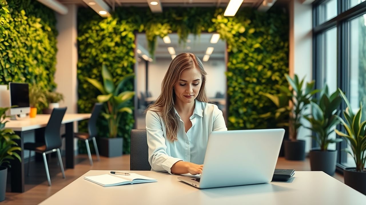 A woman peacefully working in a modern office with artificial green walls.